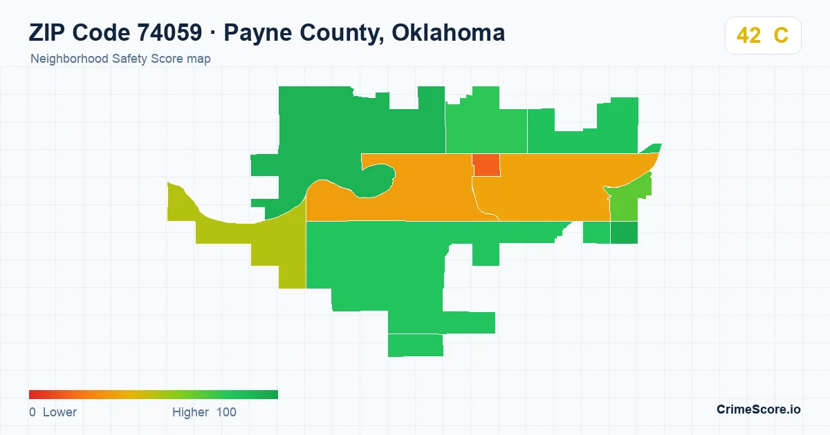ZIP Code 74059 in Payne County, Oklahoma neighborhood Safety Score map