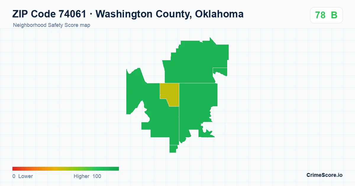 ZIP Code 74061 in Washington County, Oklahoma neighborhood Safety Score map