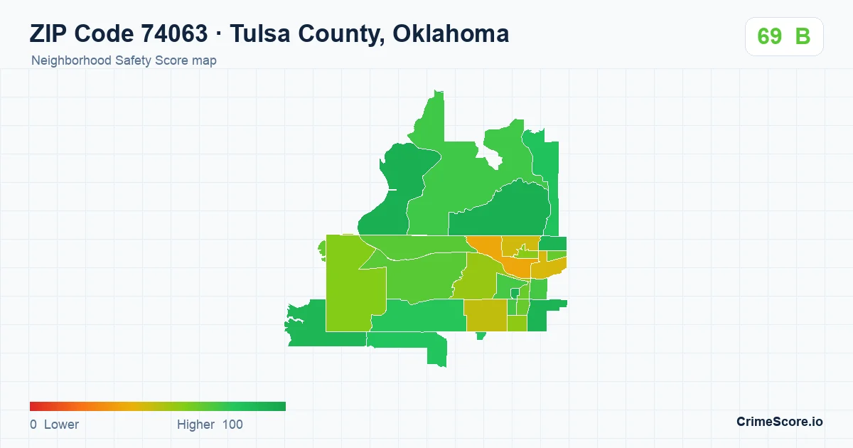 ZIP Code 74063 in Tulsa County, Oklahoma neighborhood Safety Score map