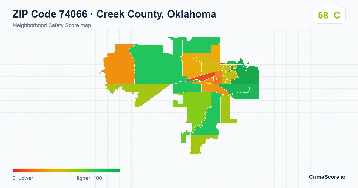 ZIP Code 74066 in Creek County, Oklahoma neighborhood Safety Score map