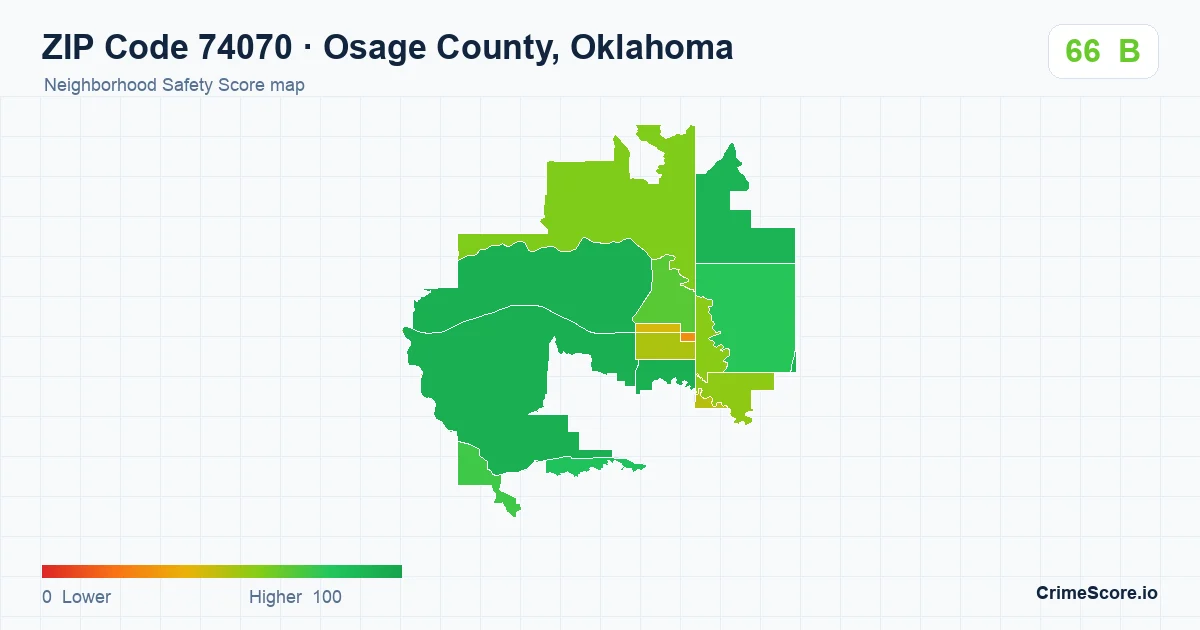ZIP Code 74070 in Osage County, Oklahoma neighborhood Safety Score map