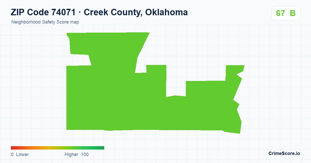 ZIP Code 74071 in Creek County, Oklahoma neighborhood Safety Score map