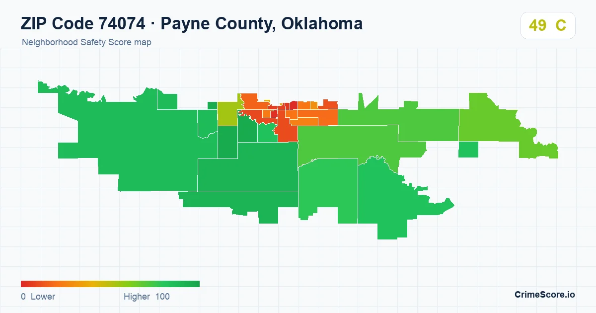 ZIP Code 74074 in Payne County, Oklahoma neighborhood Safety Score map
