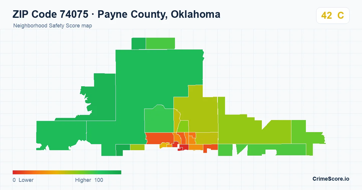 ZIP Code 74075 in Payne County, Oklahoma neighborhood Safety Score map