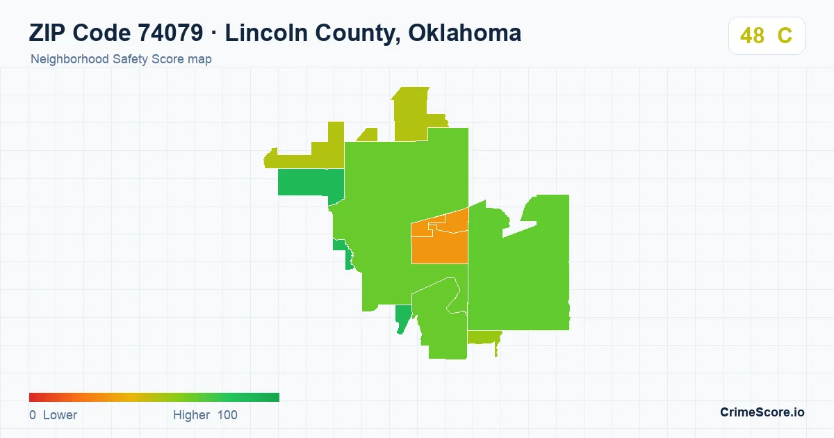 ZIP Code 74079 in Lincoln County, Oklahoma neighborhood Safety Score map