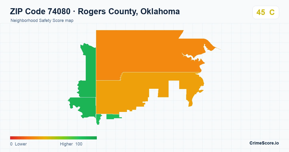 ZIP Code 74080 in Rogers County, Oklahoma neighborhood Safety Score map