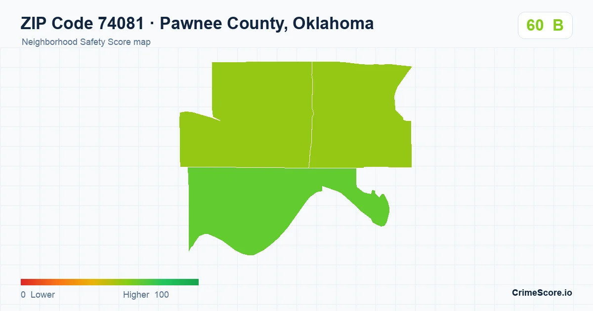 ZIP Code 74081 in Pawnee County, Oklahoma neighborhood Safety Score map