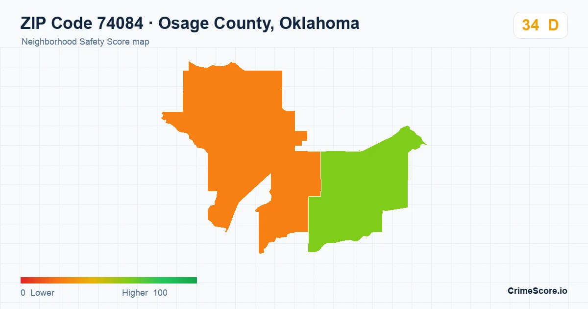 ZIP Code 74084 in Osage County, Oklahoma neighborhood Safety Score map