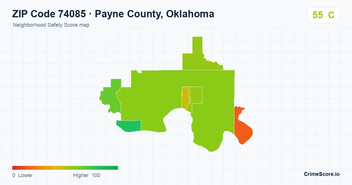 ZIP Code 74085 in Payne County, Oklahoma neighborhood Safety Score map