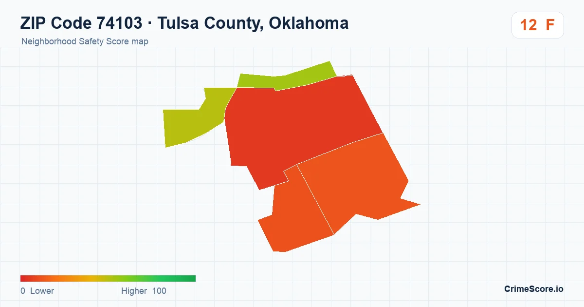 ZIP Code 74103 in Tulsa County, Oklahoma neighborhood Safety Score map