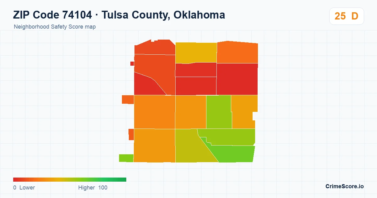 ZIP Code 74104 in Tulsa County, Oklahoma neighborhood Safety Score map