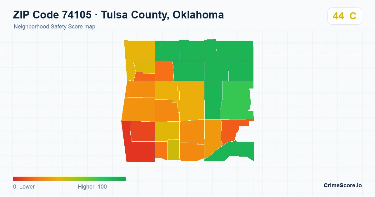ZIP Code 74105 in Tulsa County, Oklahoma neighborhood Safety Score map