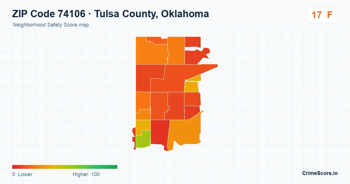 ZIP Code 74106 in Tulsa County, Oklahoma neighborhood Safety Score map