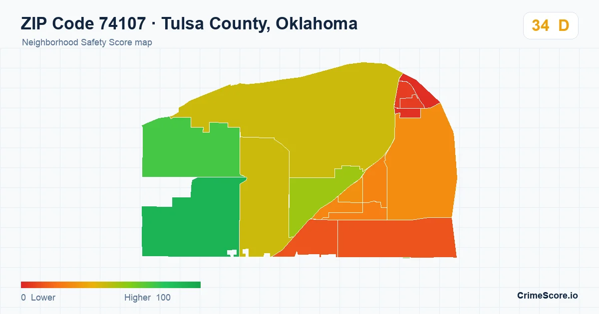 ZIP Code 74107 in Tulsa County, Oklahoma neighborhood Safety Score map