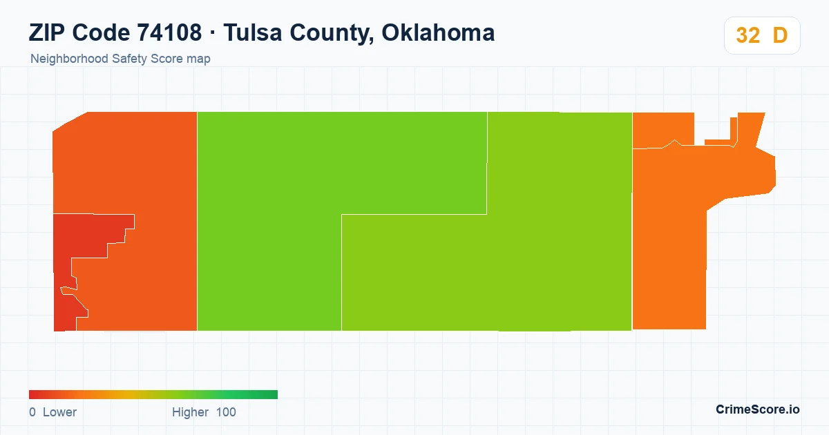 ZIP Code 74108 in Tulsa County, Oklahoma neighborhood Safety Score map