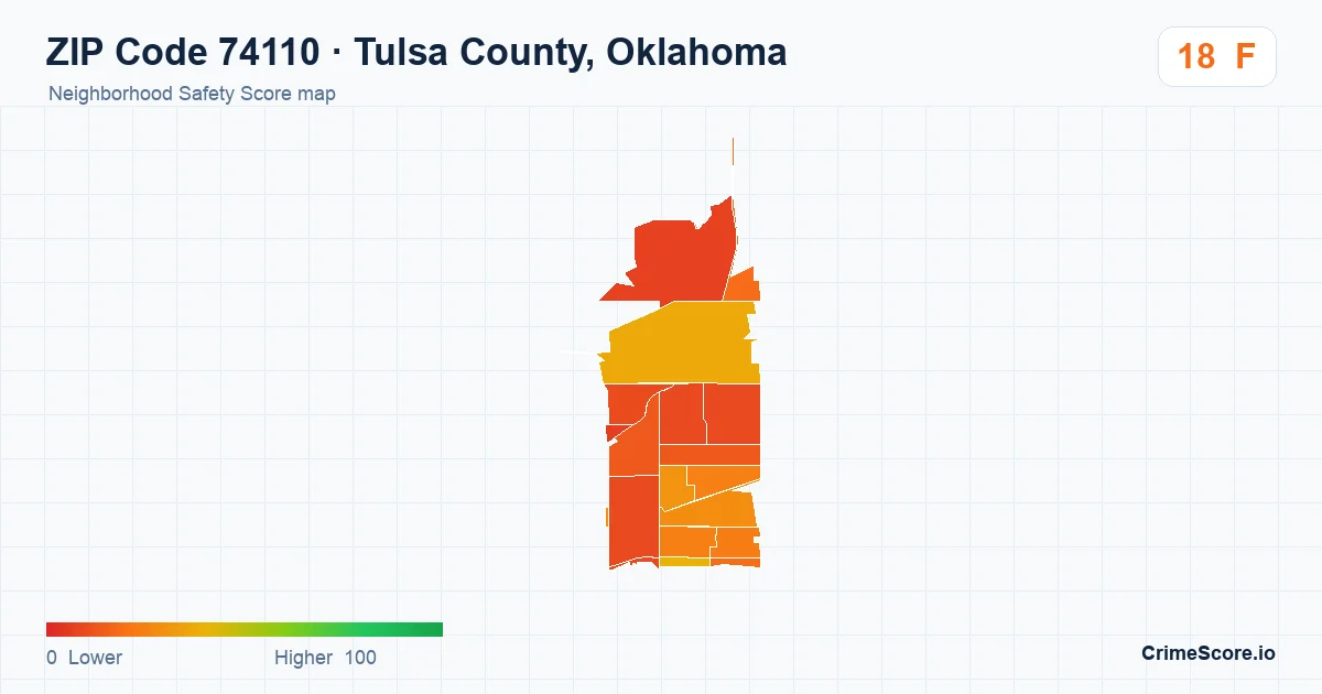 ZIP Code 74110 in Tulsa County, Oklahoma neighborhood Safety Score map