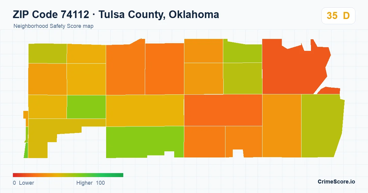 ZIP Code 74112 in Tulsa County, Oklahoma neighborhood Safety Score map