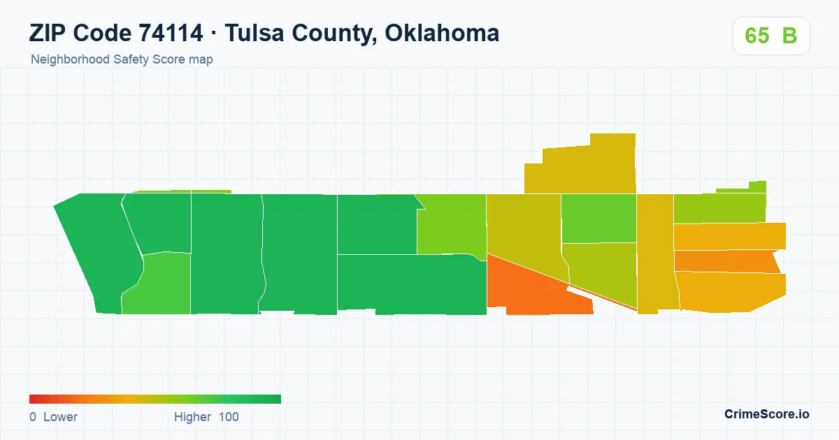 ZIP Code 74114 in Tulsa County, Oklahoma neighborhood Safety Score map