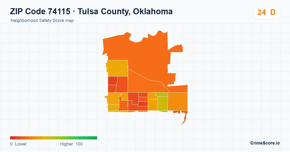 ZIP Code 74115 in Tulsa County, Oklahoma neighborhood Safety Score map