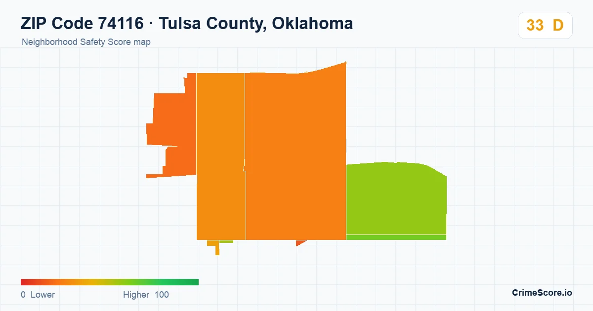 ZIP Code 74116 in Tulsa County, Oklahoma neighborhood Safety Score map