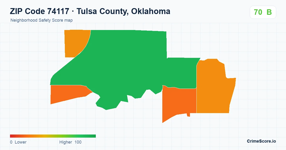 ZIP Code 74117 in Tulsa County, Oklahoma neighborhood Safety Score map