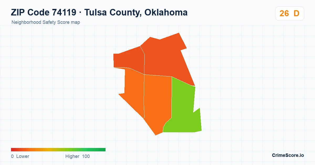 ZIP Code 74119 in Tulsa County, Oklahoma neighborhood Safety Score map