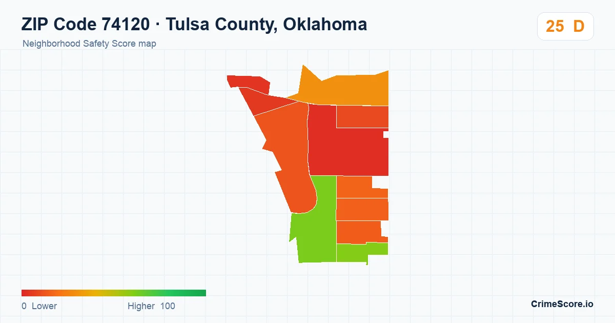 ZIP Code 74120 in Tulsa County, Oklahoma neighborhood Safety Score map
