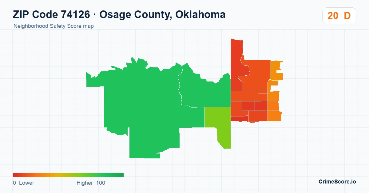 ZIP Code 74126 in Osage County, Oklahoma neighborhood Safety Score map