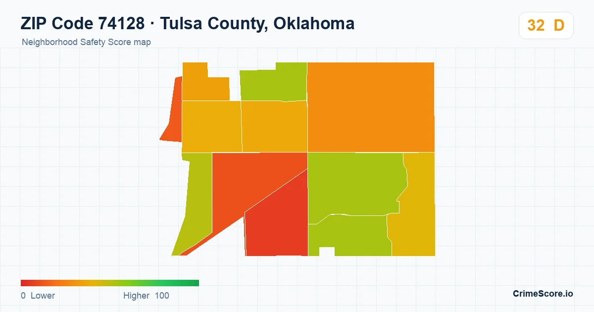 ZIP Code 74128 in Tulsa County, Oklahoma neighborhood Safety Score map