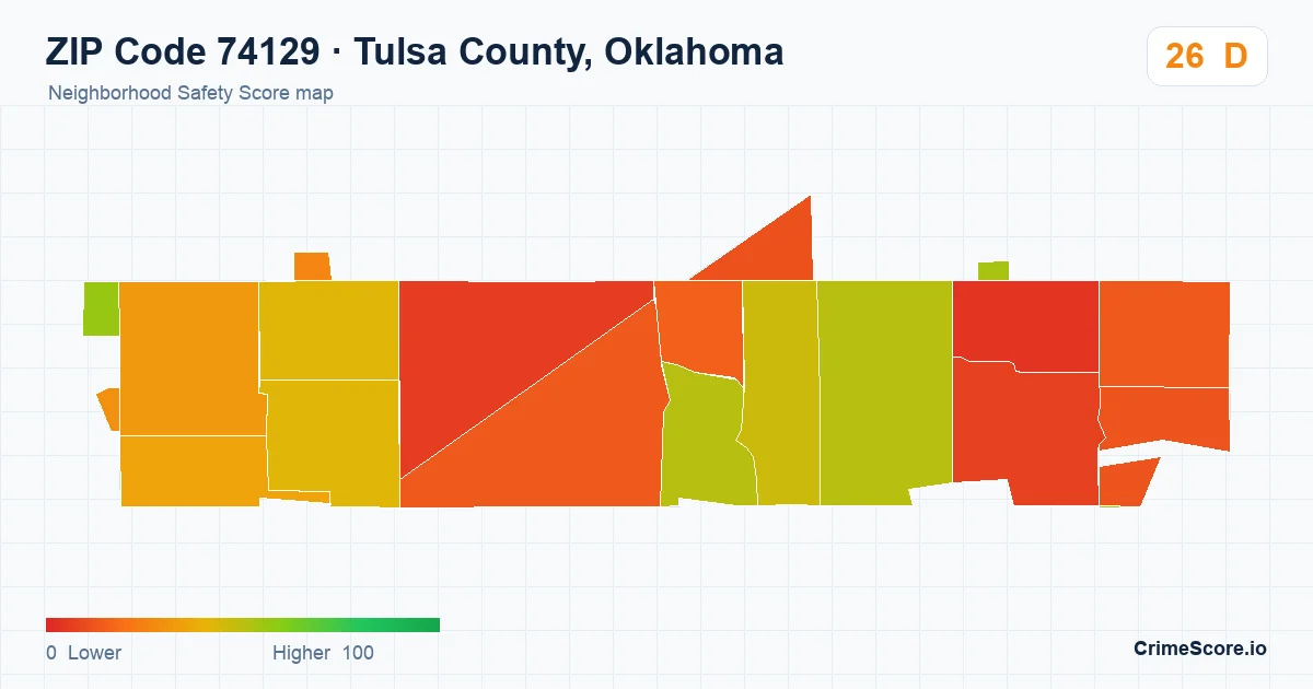 ZIP Code 74129 in Tulsa County, Oklahoma neighborhood Safety Score map