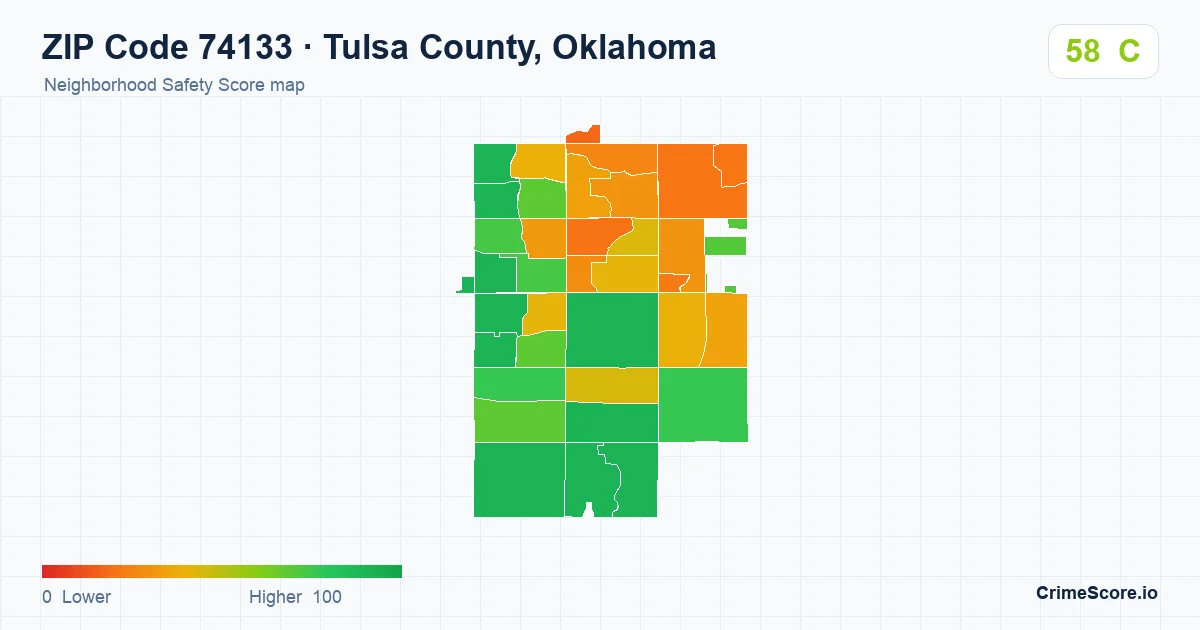 ZIP Code 74133 in Tulsa County, Oklahoma neighborhood Safety Score map