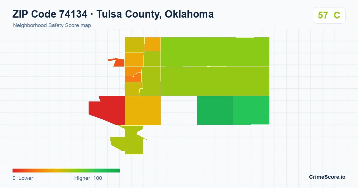 ZIP Code 74134 in Tulsa County, Oklahoma neighborhood Safety Score map