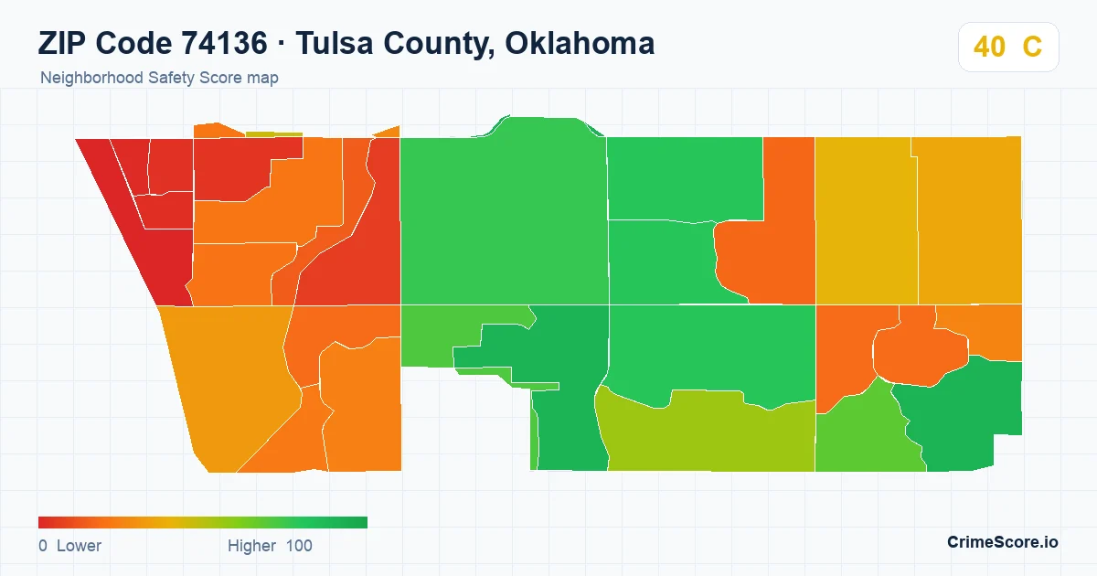 ZIP Code 74136 in Tulsa County, Oklahoma neighborhood Safety Score map