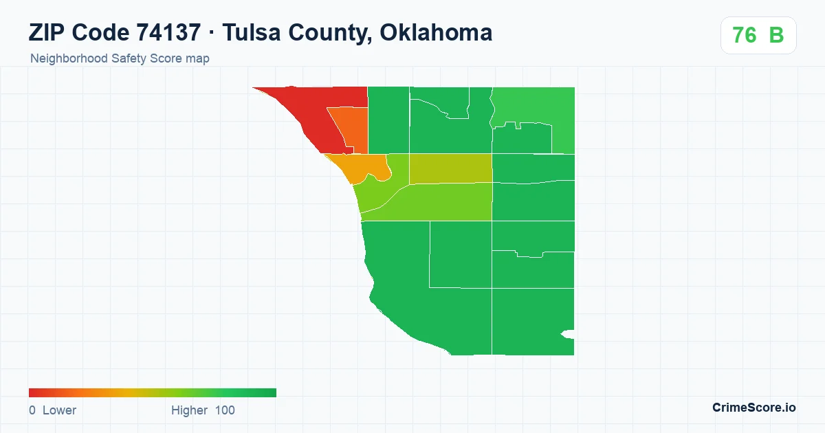 ZIP Code 74137 in Tulsa County, Oklahoma neighborhood Safety Score map