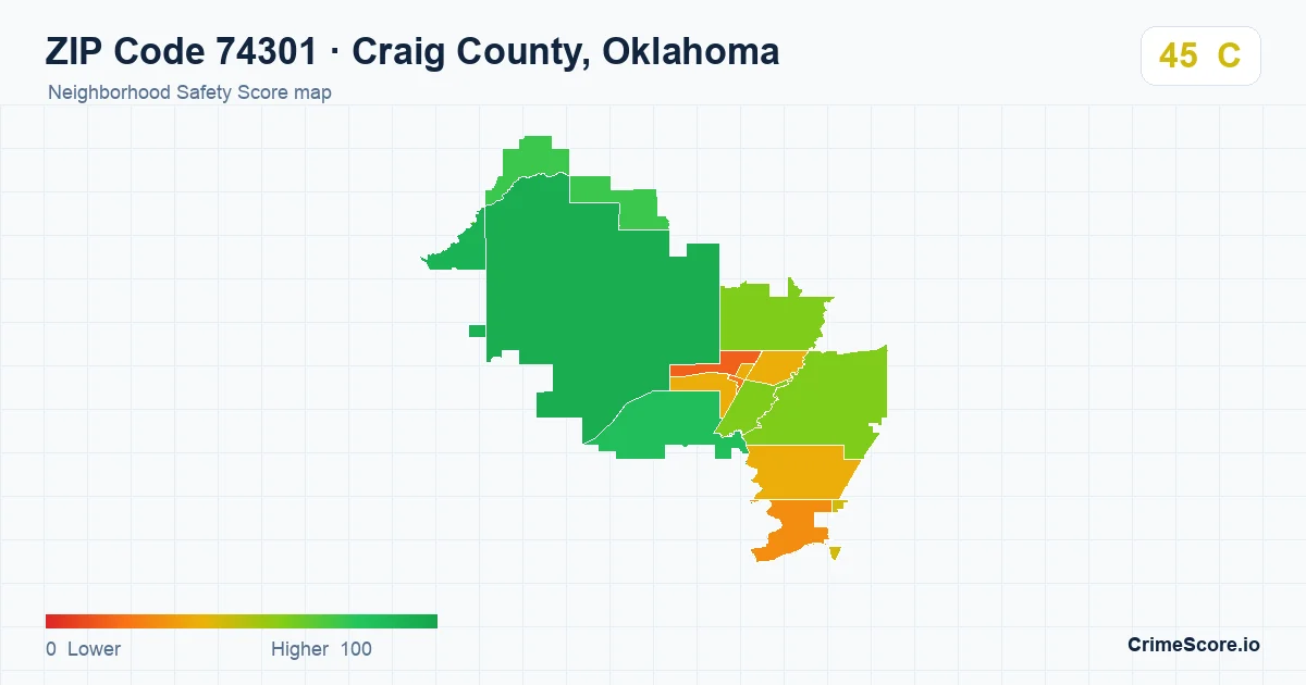 ZIP Code 74301 in Craig County, Oklahoma neighborhood Safety Score map