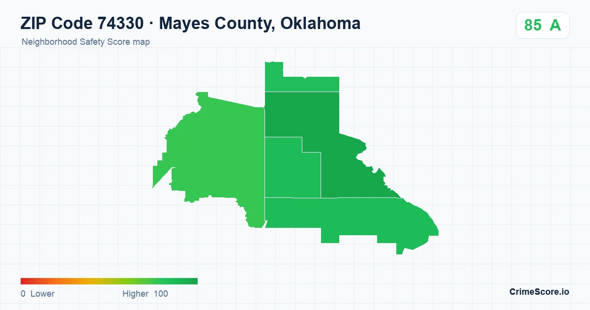 ZIP Code 74330 in Mayes County, Oklahoma neighborhood Safety Score map