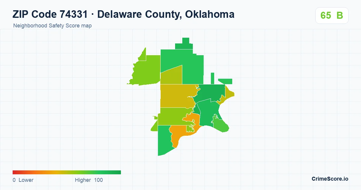 ZIP Code 74331 in Delaware County, Oklahoma neighborhood Safety Score map