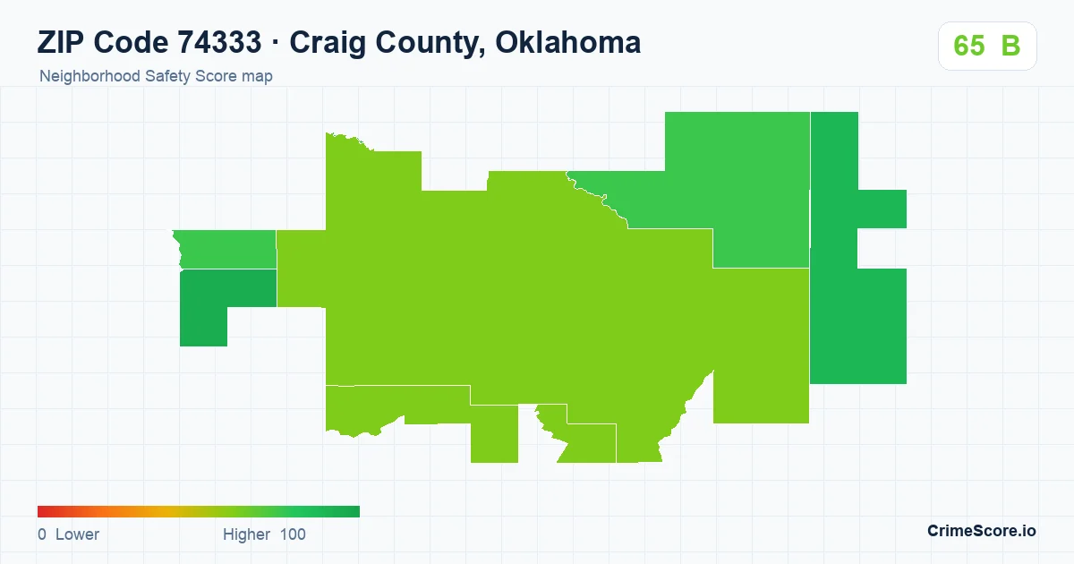 ZIP Code 74333 in Craig County, Oklahoma neighborhood Safety Score map