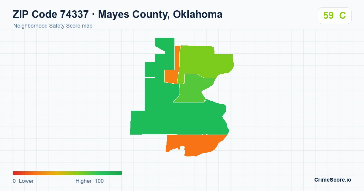 ZIP Code 74337 in Mayes County, Oklahoma neighborhood Safety Score map