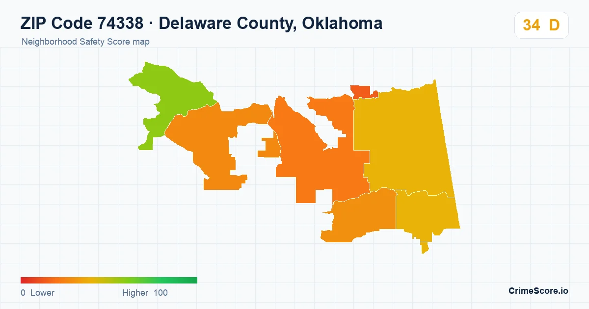 ZIP Code 74338 in Delaware County, Oklahoma neighborhood Safety Score map