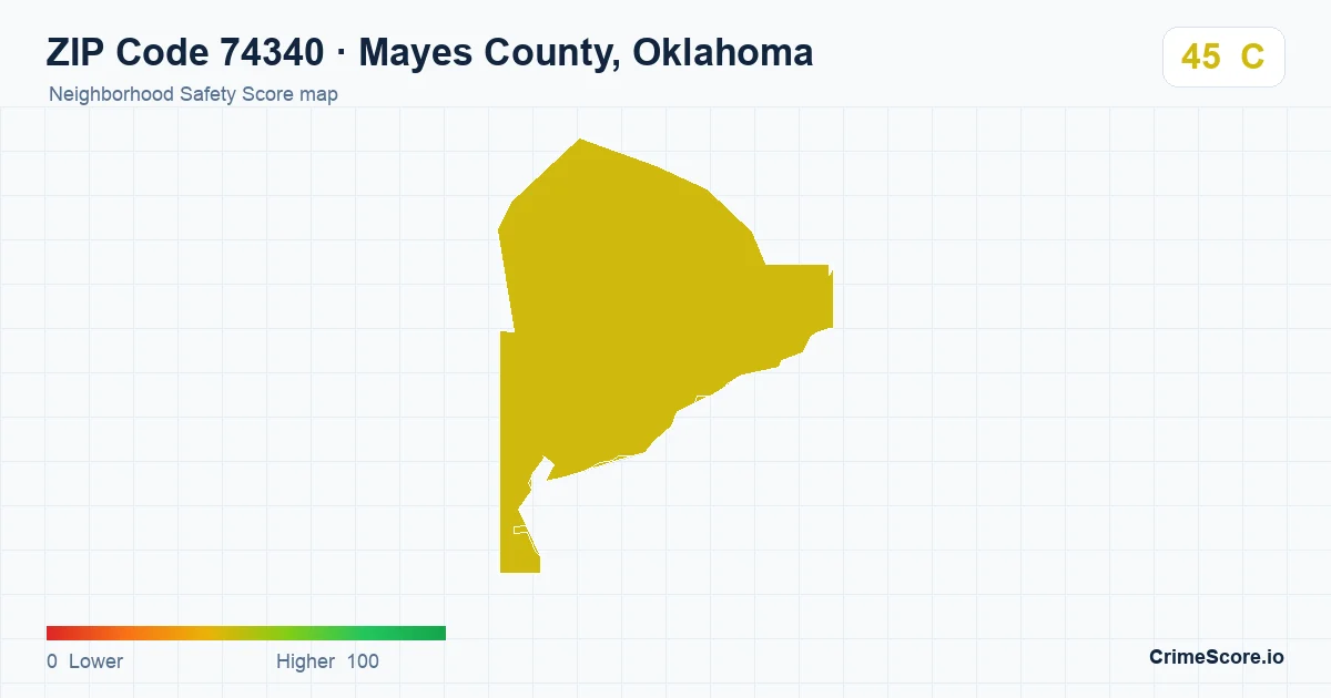 ZIP Code 74340 in Mayes County, Oklahoma neighborhood Safety Score map