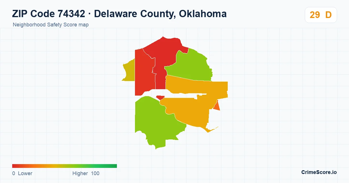 ZIP Code 74342 in Delaware County, Oklahoma neighborhood Safety Score map