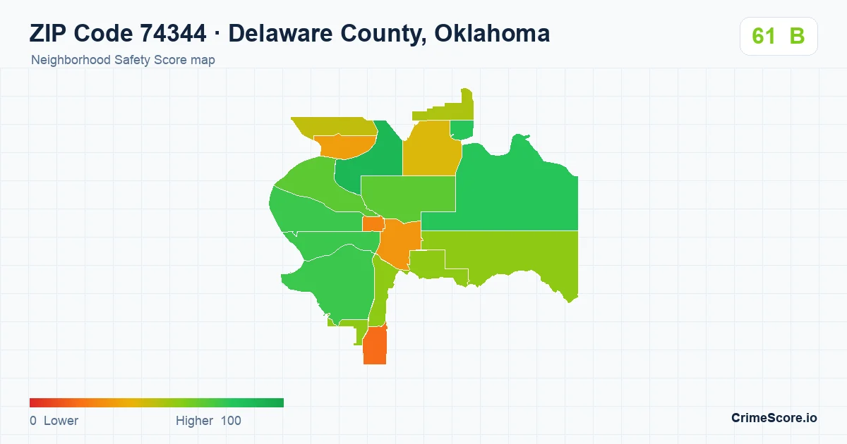 ZIP Code 74344 in Delaware County, Oklahoma neighborhood Safety Score map