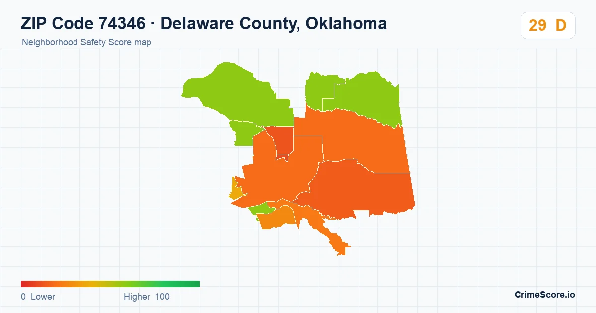 ZIP Code 74346 in Delaware County, Oklahoma neighborhood Safety Score map