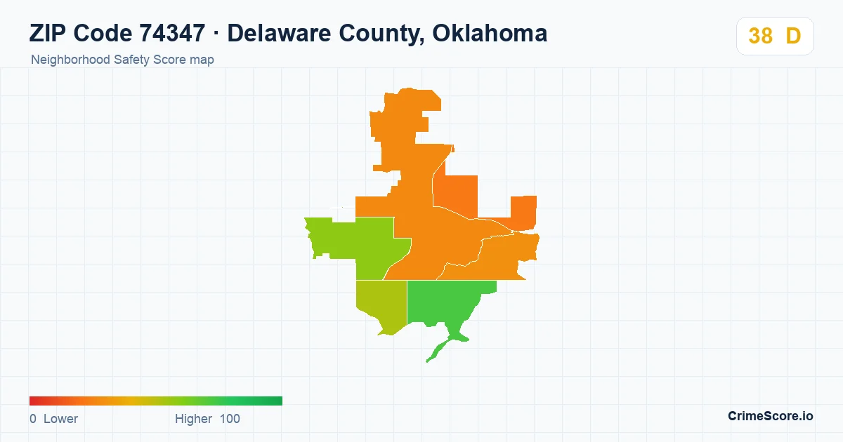 ZIP Code 74347 in Delaware County, Oklahoma neighborhood Safety Score map
