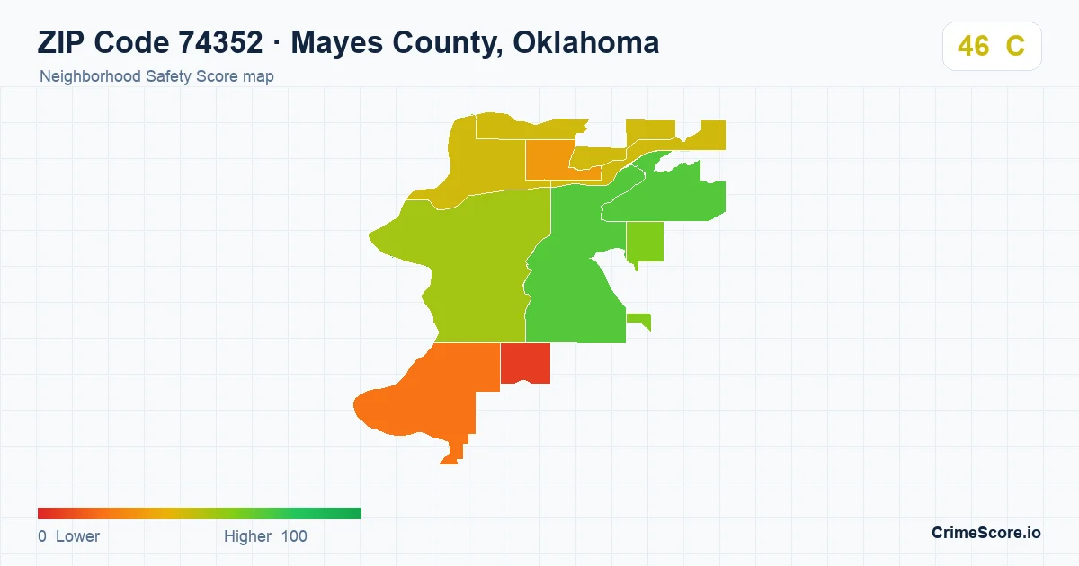 ZIP Code 74352 in Mayes County, Oklahoma neighborhood Safety Score map