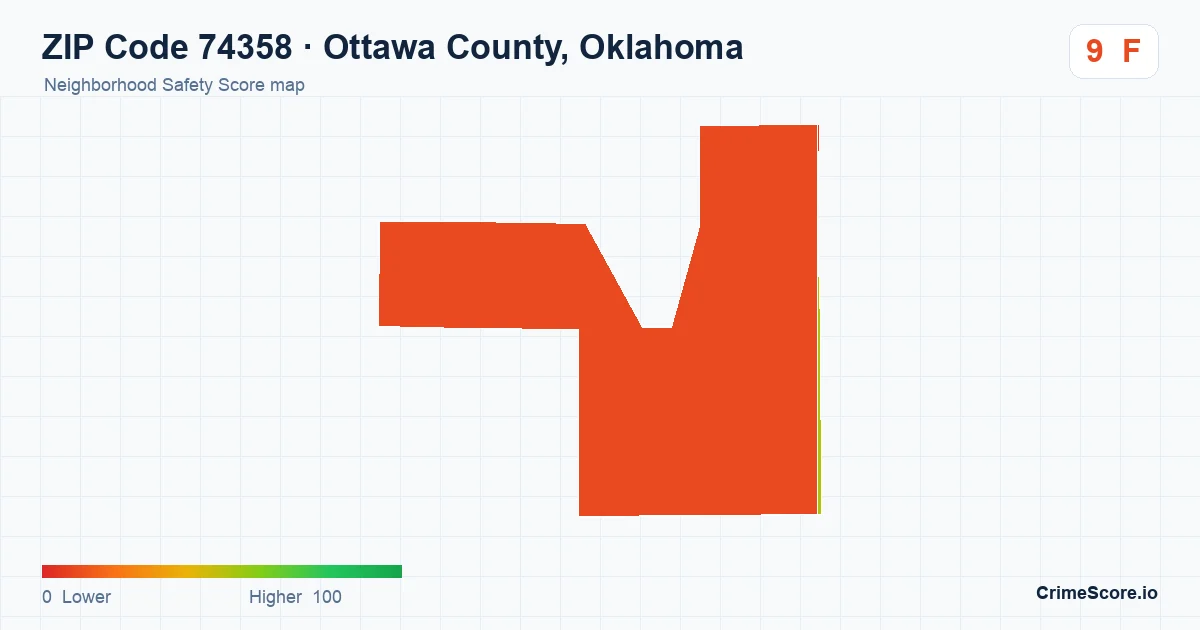 ZIP Code 74358 in Ottawa County, Oklahoma neighborhood Safety Score map