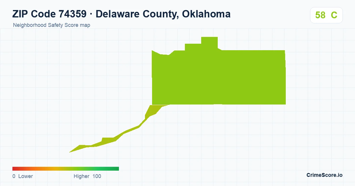 ZIP Code 74359 in Delaware County, Oklahoma neighborhood Safety Score map
