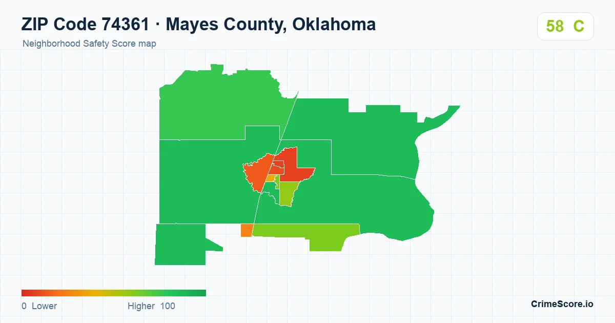 ZIP Code 74361 in Mayes County, Oklahoma neighborhood Safety Score map