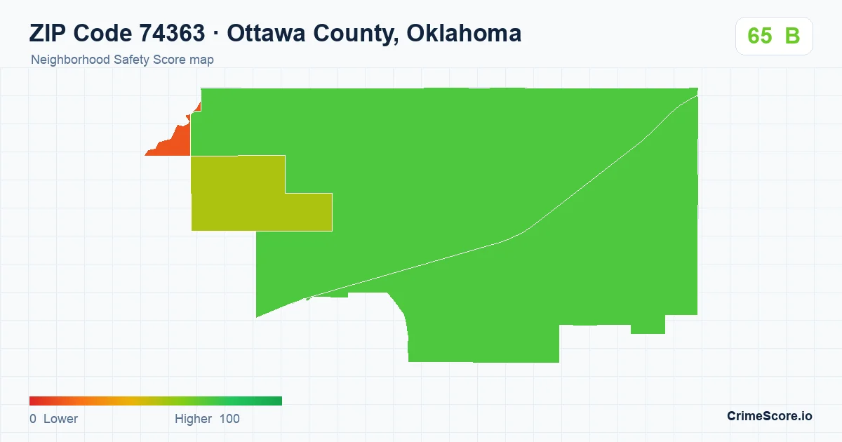 ZIP Code 74363 in Ottawa County, Oklahoma neighborhood Safety Score map
